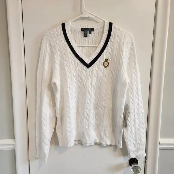 NEW Lauren Active Ralph Lauren V Neck Sweater Medium Cable White Golf w/ Crest - Picture 1 of 6